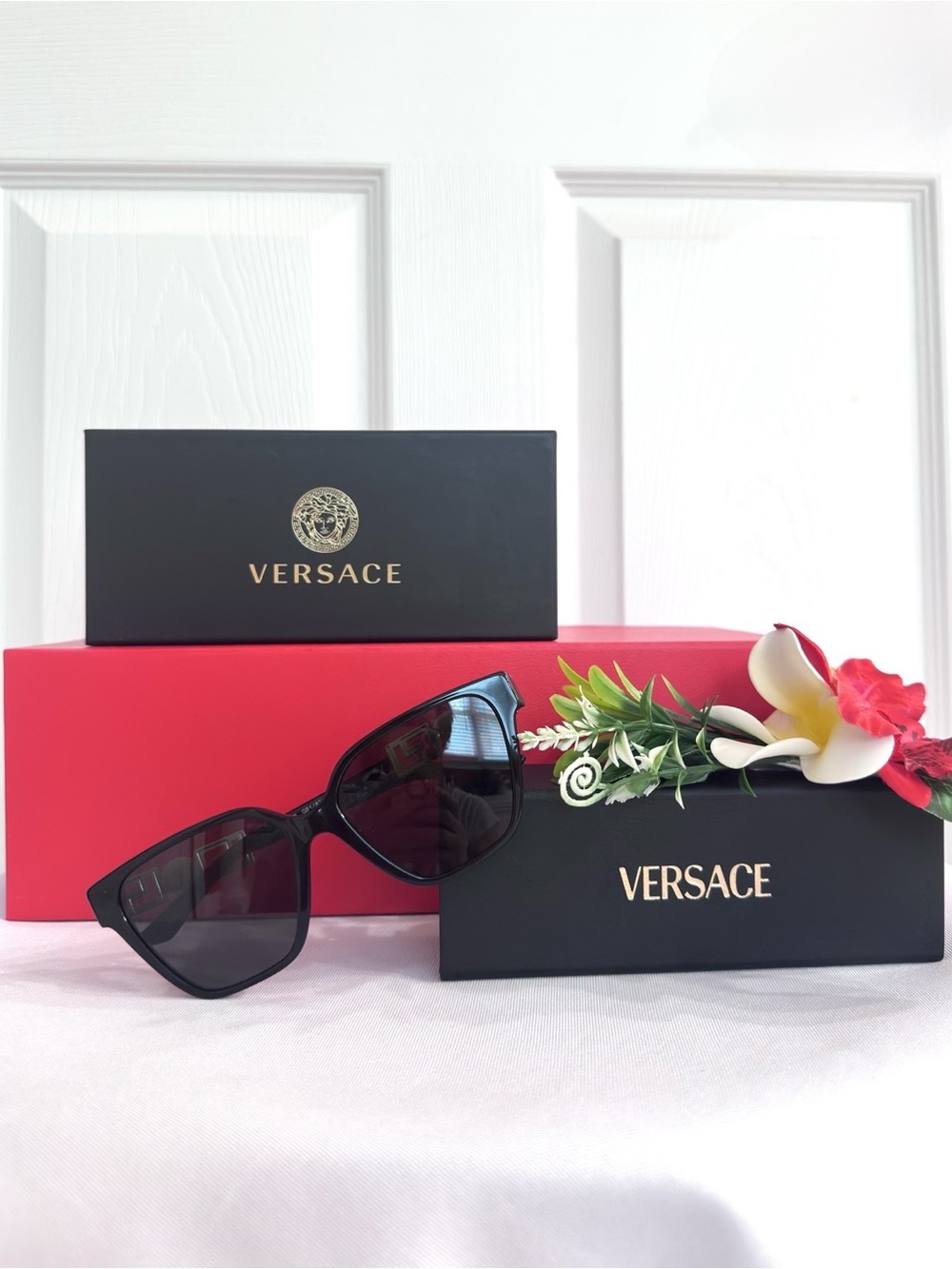 VERSACE ~ Butterfly sunglasses featuring black acetate frame dark grey lenses